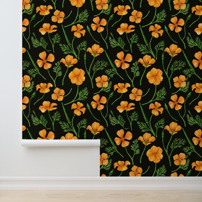 California poppies, summertime flowers on black wallpaper (Application)