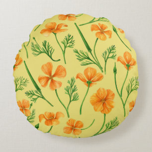 California poppies, summertime flowers, orange wil round pillow