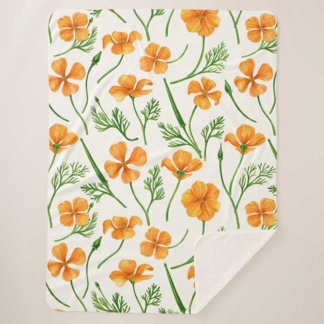 California poppies, summertime flowers, orange wil sherpa blanket (Front)