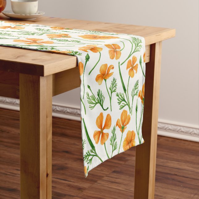 California poppies, summertime flowers, orange wil short table runner (In Situ)