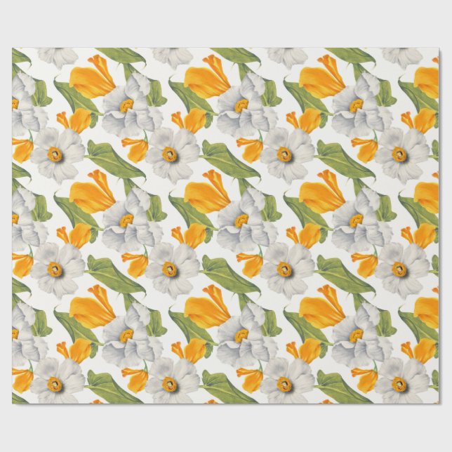 California poppies white daffodils pattern wrapping paper (Flat)