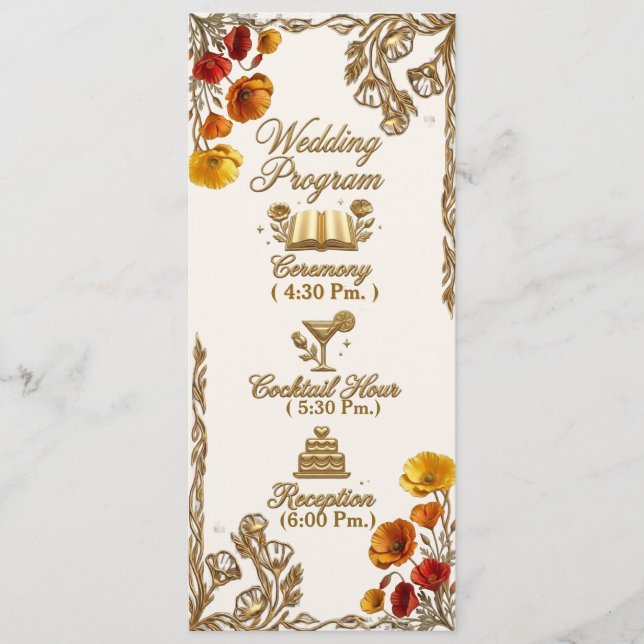 California Poppy Floral Wedding Program Card (Front)
