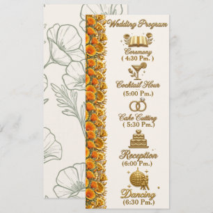 California Poppy Floral Wedding Program Card