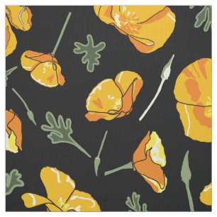 California Poppy Flowers Floral Pattern in Orange Fabric