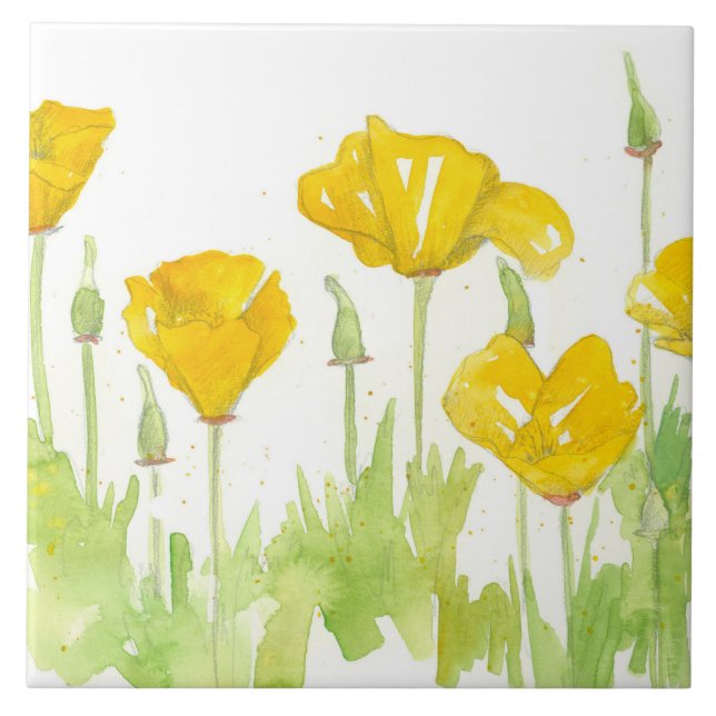 California Poppy Flowers Wildflower Botanical Tile (Front)