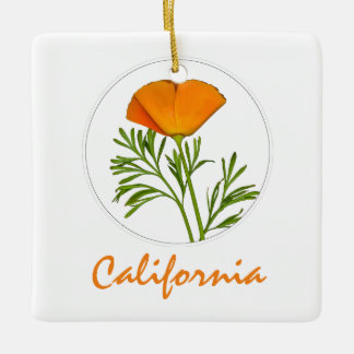 California Poppy in a Circle, "California" Text Ceramic Ornament