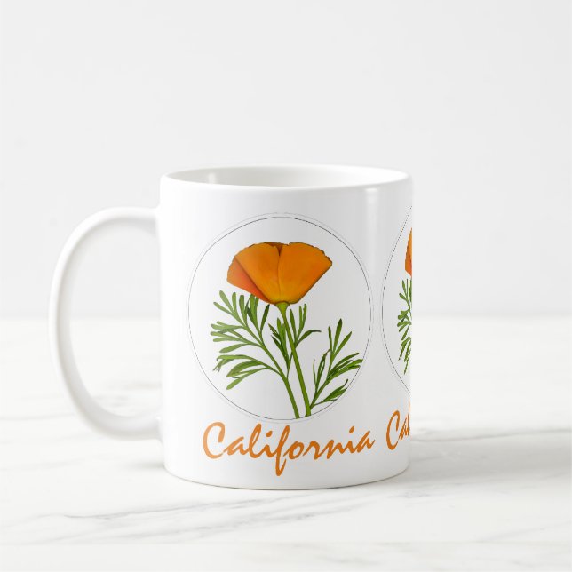 California Poppy in a Circle, "California" Text Coffee Mug (Left)