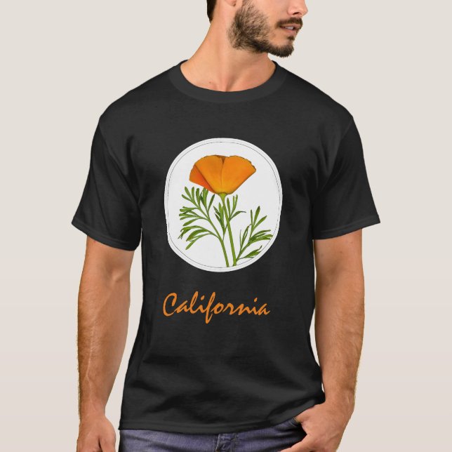 California Poppy in a Circle, "California" Text T-Shirt (Front)