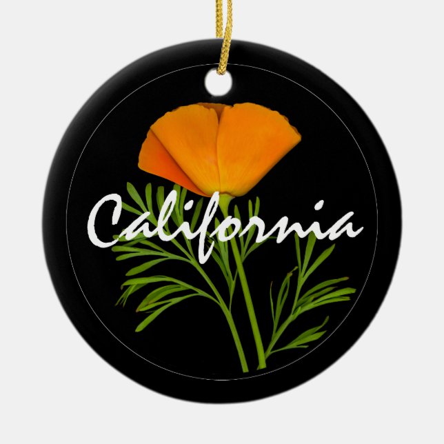 California Poppy on Black with "California" text Ceramic Ornament (Front)