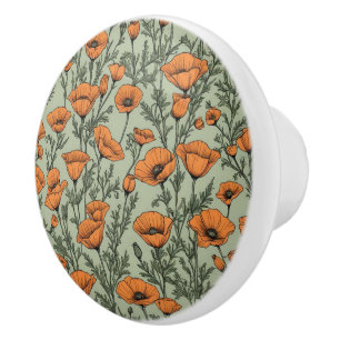 California Poppy Orange Flower pattern Ceramic Knob