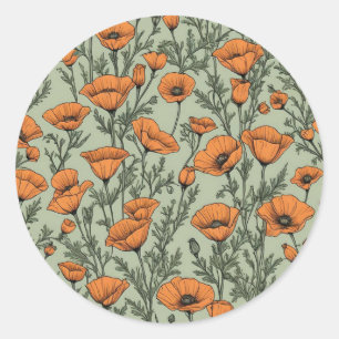 California Poppy Orange Flower pattern Classic Round Sticker