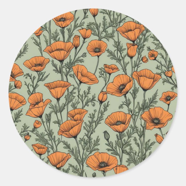 California Poppy Orange Flower pattern Classic Round Sticker (Front)