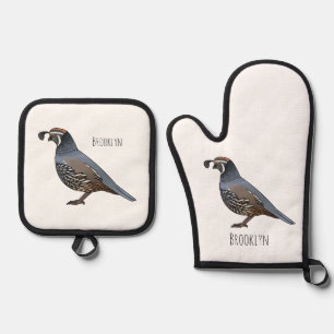 California quail bird cartoon illustration oven mitt & pot holder set