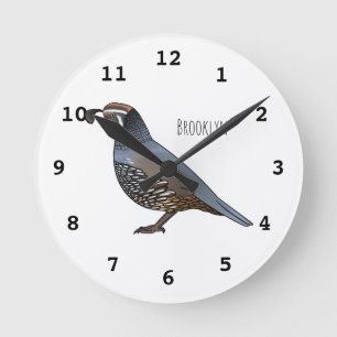 California quail bird cartoon illustration round clock