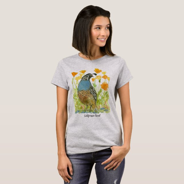 California Quail State Bird Orange Poppies T-Shirt (Front Full)