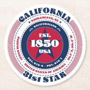 California Red White Blue Typography Round Paper Coaster