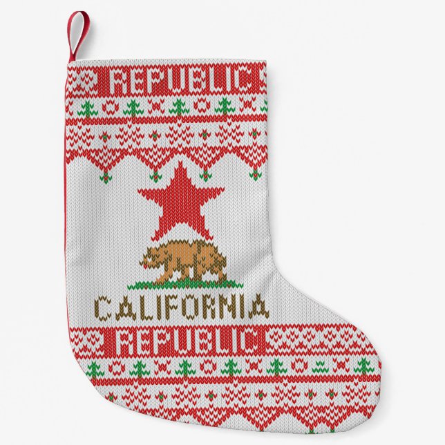California Republic Bear on Christmas Ugly Sweater Small Christmas Stocking (Front)