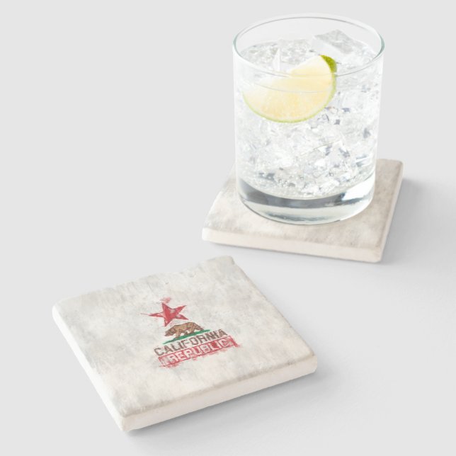 California Republic Flag Bear in Painterly Decor Stone Coaster (Side)