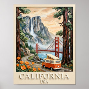 California Road Trip Vintage 3D Textured Landscape Poster