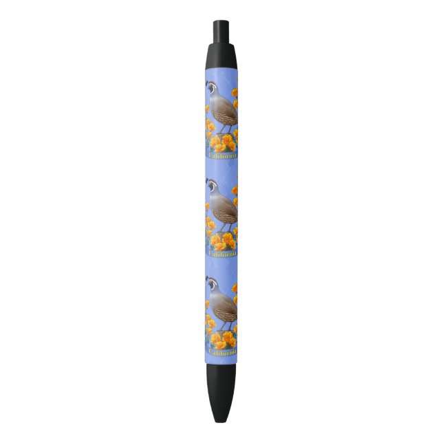 California State Bird Quail & Golden Poppy Black Ink Pen (Front Vertical)
