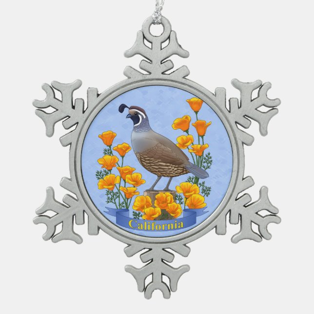 California State Bird Quail & Golden Poppy Snowflake Pewter Christmas Ornament (Front)