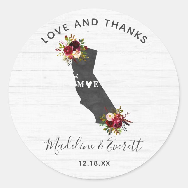 California State Floral Rustic Wedding Thank You Classic Round Sticker (Front)
