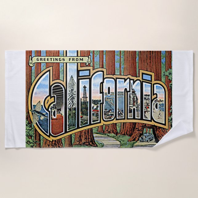 California State Greetings Retro West Coast Art Beach Towel (Front)