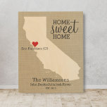 California State Love Custom Family Name Establish Wood Wall Art<br><div class="desc">Show your California, hometown and family love/pride with this beautiful custom wood wall art. A rustic chic wood-grained design features a CA state map silhouette, "Home Sweet Home" typography, a red heart showing where you live, all set against a faux burlap/linen tan background. Customize the text with your family names,...</div>