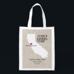 California State Love Home Sweet Home Custom Map Reusable Grocery Bag<br><div class="desc">Show your California and hometown love with this fun custom reusable bag. A rustic chic design features a CA state map silhouette, "Home Sweet Home" typography, a red heart showing where you live, all set against a faux burlap/linen tan background. Customize the text with your family names, monogram, city location,...</div>
