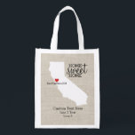 California State Love Home Sweet Home Custom Map Reusable Grocery Bag<br><div class="desc">Show your California and hometown love with this fun custom reusable bag. A rustic chic design features a CA state map silhouette, "Home Sweet Home" typography, a red heart showing where you live, all set against a faux burlap/linen tan background. Customize the text with your family names, monogram, city location,...</div>