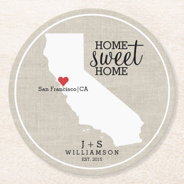 California State Love Home Sweet Home Custom Map Round Paper Coaster (Front)