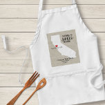 California State Love Home Sweet Home Custom Map Standard Apron<br><div class="desc">Show your California and hometown love with this fun custom apron. A rustic chic design features a CA state map silhouette, "Home Sweet Home" typography, a red heart showing where you live, all set against a faux burlap/linen tan background. Customize the text with your family names, monogram, city location, year,...</div>