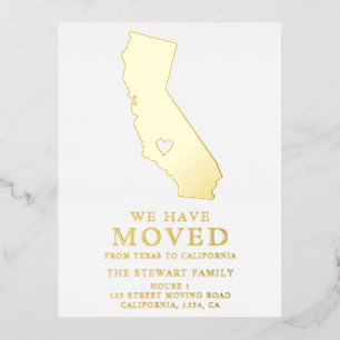 California state map gold heart home moving foil invitation postcard