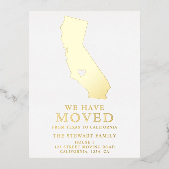California state map gold heart home moving foil invitation postcard (Front)