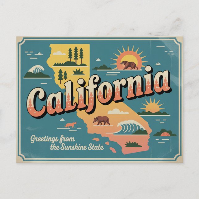 California state map illustrated postcard (Front)