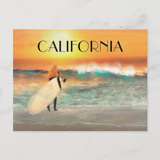 California Surfer Girl Beach Sunset Postcard (Front)
