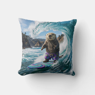California Surfing Sea Otter Throw Pillow