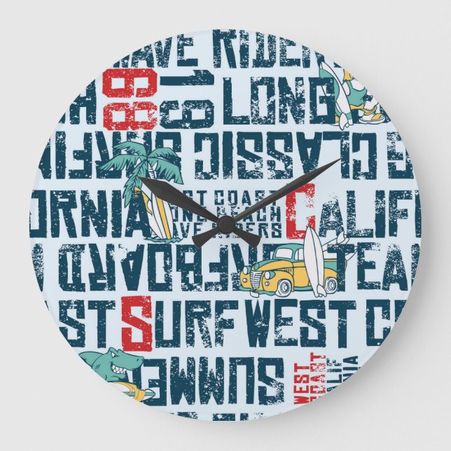 California Surfing Team: Grunge Seamless Pattern. Large Clock (Front)
