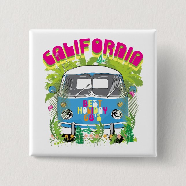 California Surfing Van 2 Inch Square Button (Front)