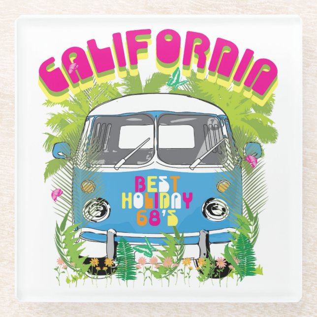 California Surfing Van Glass Coaster (Front)