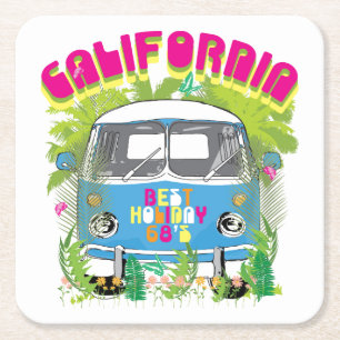 California Surfing Van Square Paper Coaster