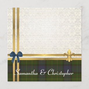 California tartan & gold ribbon white damask invitation