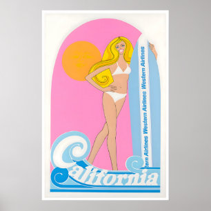 California Travel Poster Surfing Art Western