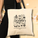 California Trip Family Reunion Personalized Tote Bag<br><div class="desc">This black-and-white California doodle-style travel design showcases iconic symbols of the Golden State including the Golden Gate Bridge,  surf waves,  palm trees,  tacos,  and road-trip elements. Personalize the text with your family name and year to create a unique souvenir for a California family trip,  vacation,   reunion,  or group adventure.</div>