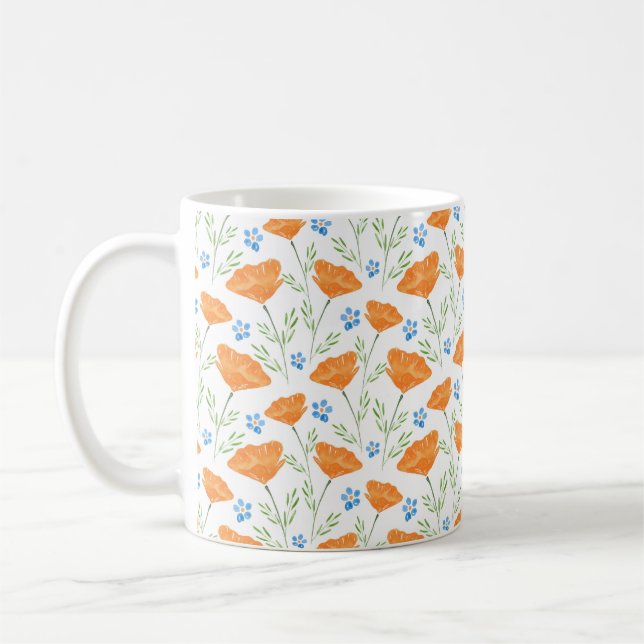 California Watercolor Poppy Pattern  Coffee Mug (Left)