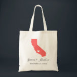 California Wedding Welcome Tote Bag<br><div class="desc">Welcome out of town wedding guests with a bag full of snacks and treats personalized with the state where you're getting married and the bride and groom's names and wedding date. Click Customize It to move the heart to show any city or location on the state map. Use the design...</div>