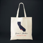 California Wedding Welcome Tote Bag<br><div class="desc">Welcome out of town wedding guests with a bag full of snacks and treats personalized with the state where you're getting married and the bride and groom's names and wedding date. Click Customize It to move the heart to show any city or location on the state map. Use the design...</div>