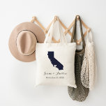 California Wedding Welcome Tote Bag<br><div class="desc">Welcome out of town wedding guests with a bag full of snacks and treats personalized with the state where you're getting married and the bride and groom's names and wedding date. Click Customize It to move the heart to show any city or location on the state map. Use the design...</div>