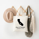 California Wedding Welcome Tote Bag<br><div class="desc">Welcome out of town wedding guests with a bag full of snacks and treats personalized with the state where you're getting married and the bride and groom's names and wedding date. Click Customize It to move the heart to show any city or location on the state map. Need a different...</div>