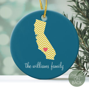 California with Custom Heart and Family Name Ceramic Ornament